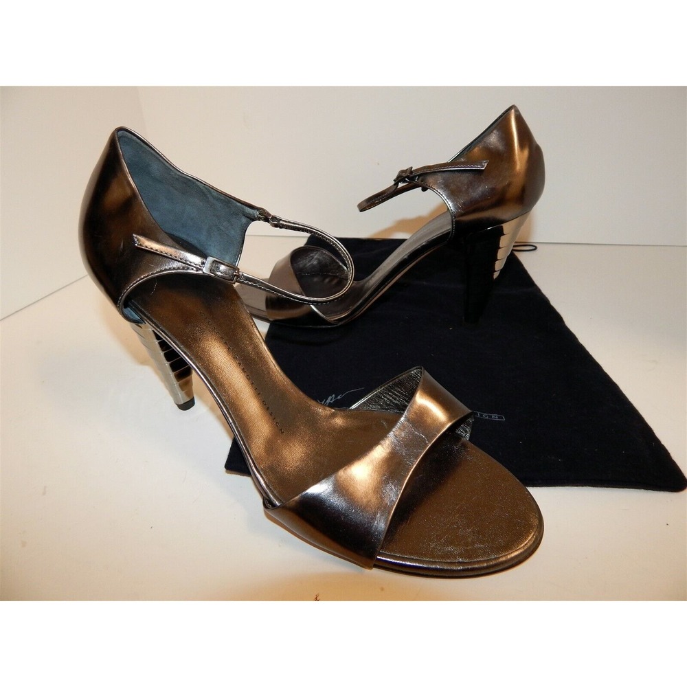 New Giuseppe Zanotti Pewter Leather Metal‎ Heel Open Toe Heels 10 B Italy